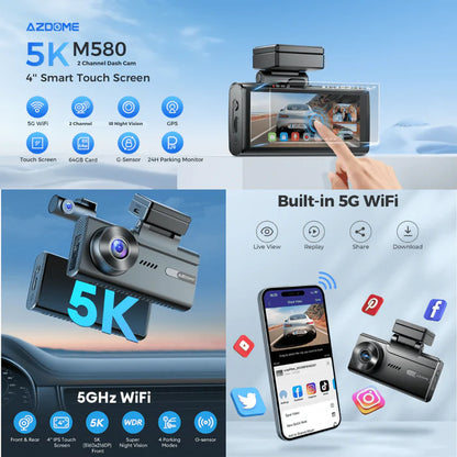 AZDOME M580 5K Dash Cam with GPS & WiFi - كاميرا سيارة أزدوم أمامية وخلفية بدقة 5K