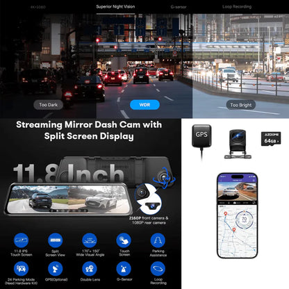 Azdome 4K+2.5K DashCam Mirror PG17 MAX – مرآة داش كام ذكية
