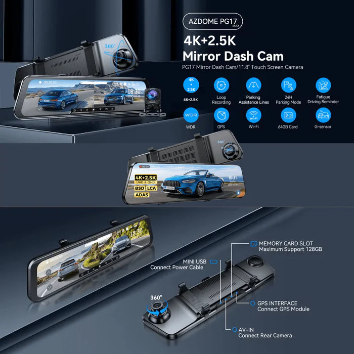 Azdome 4K+2.5K DashCam Mirror PG17 MAX – مرآة داش كام ذكية